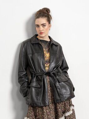 BLACK LEATHER BLAZER Vintage Coat Jacket Trench Belted Woman 90's Large
